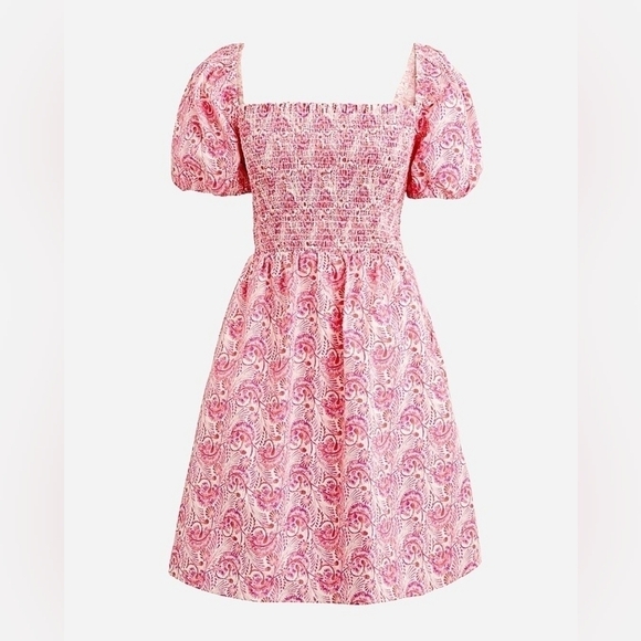 J. Crew Pink Floral Smocked Square Neckline Puff Sleeve Flowy Poplin Mini Dress - Picture 4 of 10